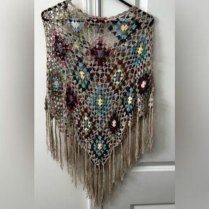 Vintage Multicolor Crochet Fringe Poncho by Say What? Small - Like New Condition
